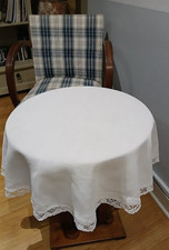 Nappe ronde guéridon lin ancien dentelle - Diamètre 110 cm