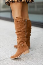 Retro Women Suede Side Zip Flats Knee High Boots Brogue Cowboy Slouch Boots