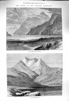 Alter antiker Druck 1877 Loch Maree Kinlochewe Ben Eag Berge Schottland 19.