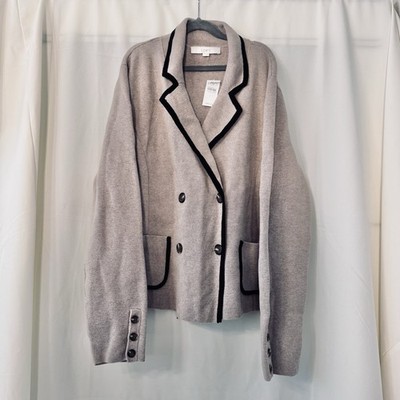 LOFT NWT Taupe Knit Blazer Black Trim Double Breasted Preppy Academia L