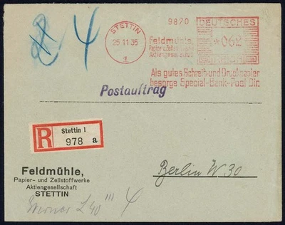 D. Reich Freistempel-Postauftrag  STETTIN 1935 Feldmühle AG n. BERLIN [230] - Bild 1 von 2