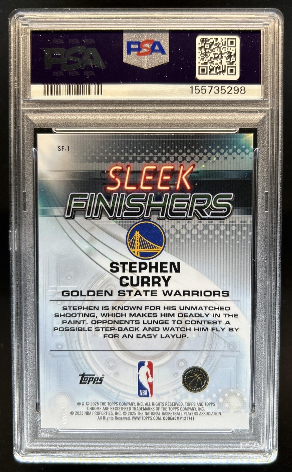 2025-26 Topps Chrome Stephen Curry Sleek Finishers #SF-1 Warriors PSA 9 view 2