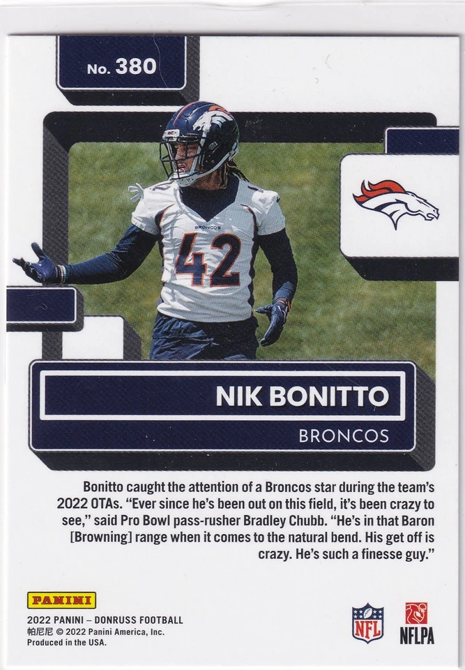 NIK BONITTO 2022 Panini Donruss Rated ROOKIE #380 Denver Broncos NFL - Image 2 of 2