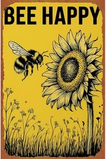 Bee Happy Sunflower Bumble Bee Vintage Cute Bee Tin Metal Signs Home D cor 8x12