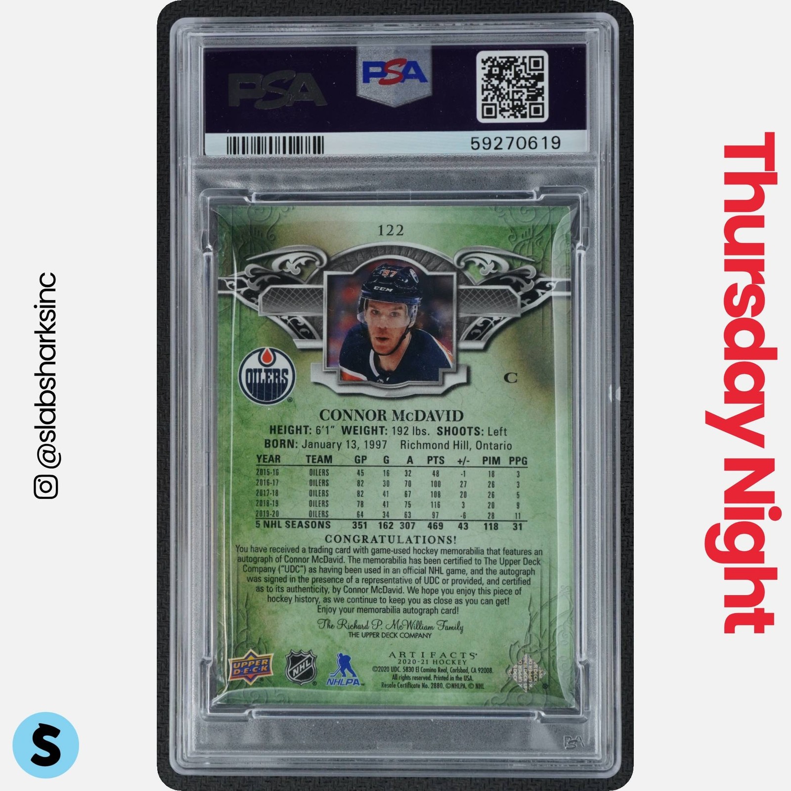 2020 UPPER DECK ARTIFACTS CONNOR MCDAVID AUTO MATERIAL GOLD JERSEY /25 PSA 8 view 2