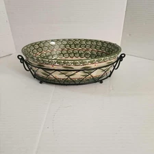 Temp-Tations by Tara Old World Green Oval Baker Casserole 2 Qt w/ Carrying Rack