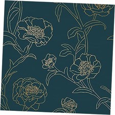 Peonies Removable Peel and Stick Floral Peacock Blue  Metallic Gold
