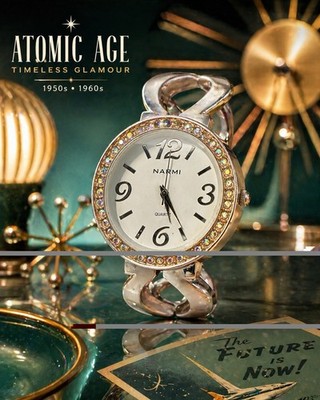 Atomic Age Vintage Women s Silver Bangle Cuff Watch White Dial Gem Bezel NARMI