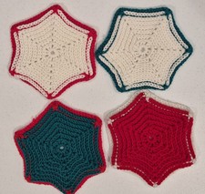 Lot Of 4 Homemade Green Red White Crochet Hot Pads Trivets Nice Christmas