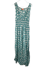 Boho Elephant Maxi Dress M Teal Green Wrap Neck Smocked Waist Made in India