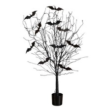 Nearly Natural 4ft Pre-Lit Halloween Black Twig Tree w/ Bats 50 Orange LED
