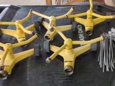 5 Nelson Vintage Yellow Sprinkler Lawn 3 Arm Whirling Rotating & Hose Stakes 