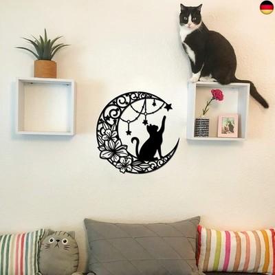 Mond Und Katze Metall Wanddeko, Schwarzer Wandbehang Moderne Wanddekoration Silh
