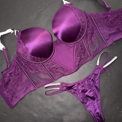 Victoria's Secret 34DD CORSET TOP BRA SET M thong PURPLE ORCHID