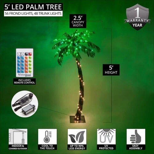 5 ft Curved LED Lighted Palm Tree Patio Decor 10 Function Remote Control & Timer - Image 2 of 4