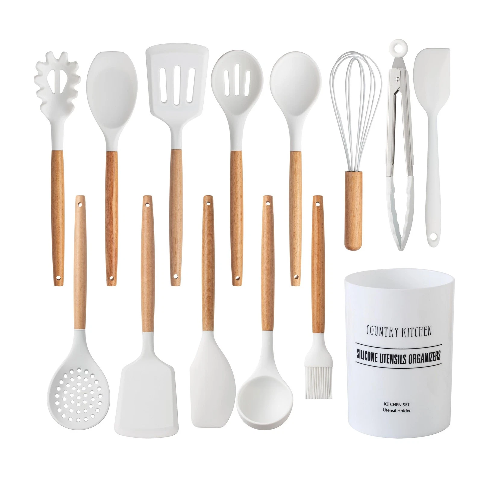 Non Stick Silicone Utensil Set with Rounded Wood Handles for Cooking and Baki...