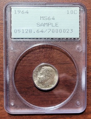 PCGS SAMPLE Slab RATTLER 1964 Roosevelt Dime MS 64 Nice Scratch-free Holder