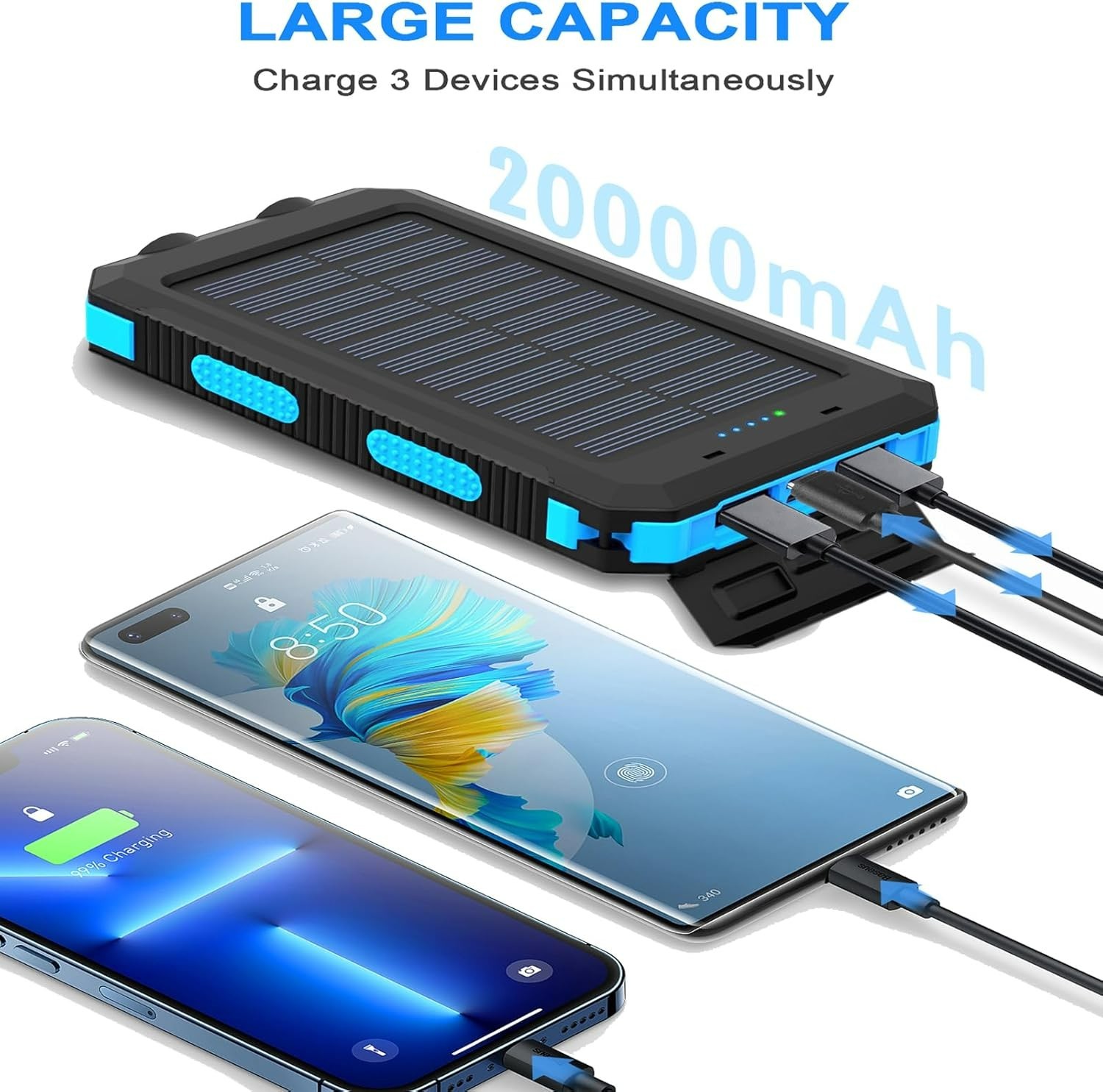 Solar Charger, 20000mAh Portable Type-C Solar Power Bank with 4 Cables, Water...