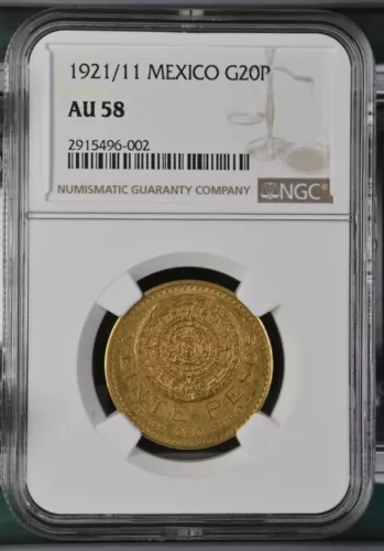 1921/11 Mexican/Mexico 20 gold pesos coin  NGC AU58