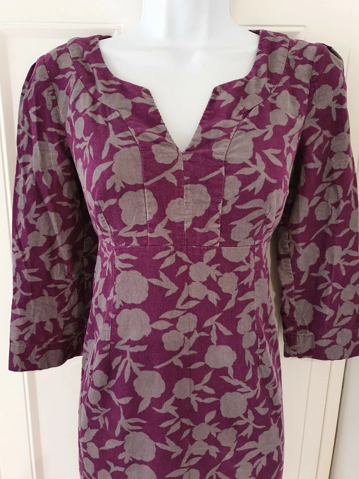 Womens Boden Purple Grey Floral Needlecord 3/4 Sleeves Kaftan Shift Dress 8 Vgc. - Image 2 of 4