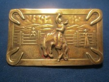 Vintage Metal Belt Buckle BRONC RIDER Rodeo BRASS c1950's j10j 