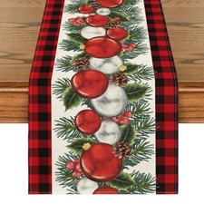 Red Black Buffalo Plaid Xmas Balls Holly Christmas Table Runner 13x120 Inch
