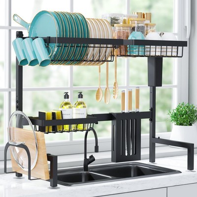 Large Stainless Steel Dish Rack - Over Sink 30''-33.9'' W, High Capacity (Black)