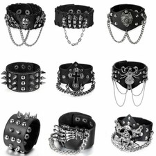 Unisex Black Metal Punk Rock Biker Wide Strap Leather Bracelet Bangle Wristband