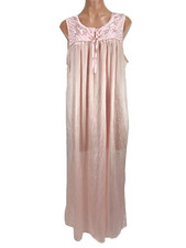 Vintage 80s Secret Treasures Pink Nylon Satin Long Embroidered Nightgown Lace M