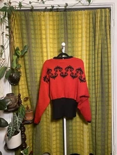 JEAN PAUL GAULTIER 1980s EQUATOR Black & Red Wool Reversable Knit Jumper M
