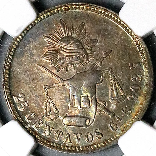 1889-Ga NGC MS 63 Mexico 25 Centavos Guadalajara Rare Silver Coin (24110301C)