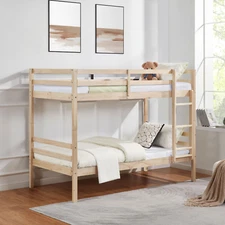 Twin over Twin Bunk Bed with Ladder, Wooden Bunk Bed Frame with High Guardrail