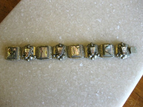 Vntg Alpaca? & Abalone Bracelet / Ethnic Faces w/ Headdresses, Earrings / Mexico - Picture 2 of 10