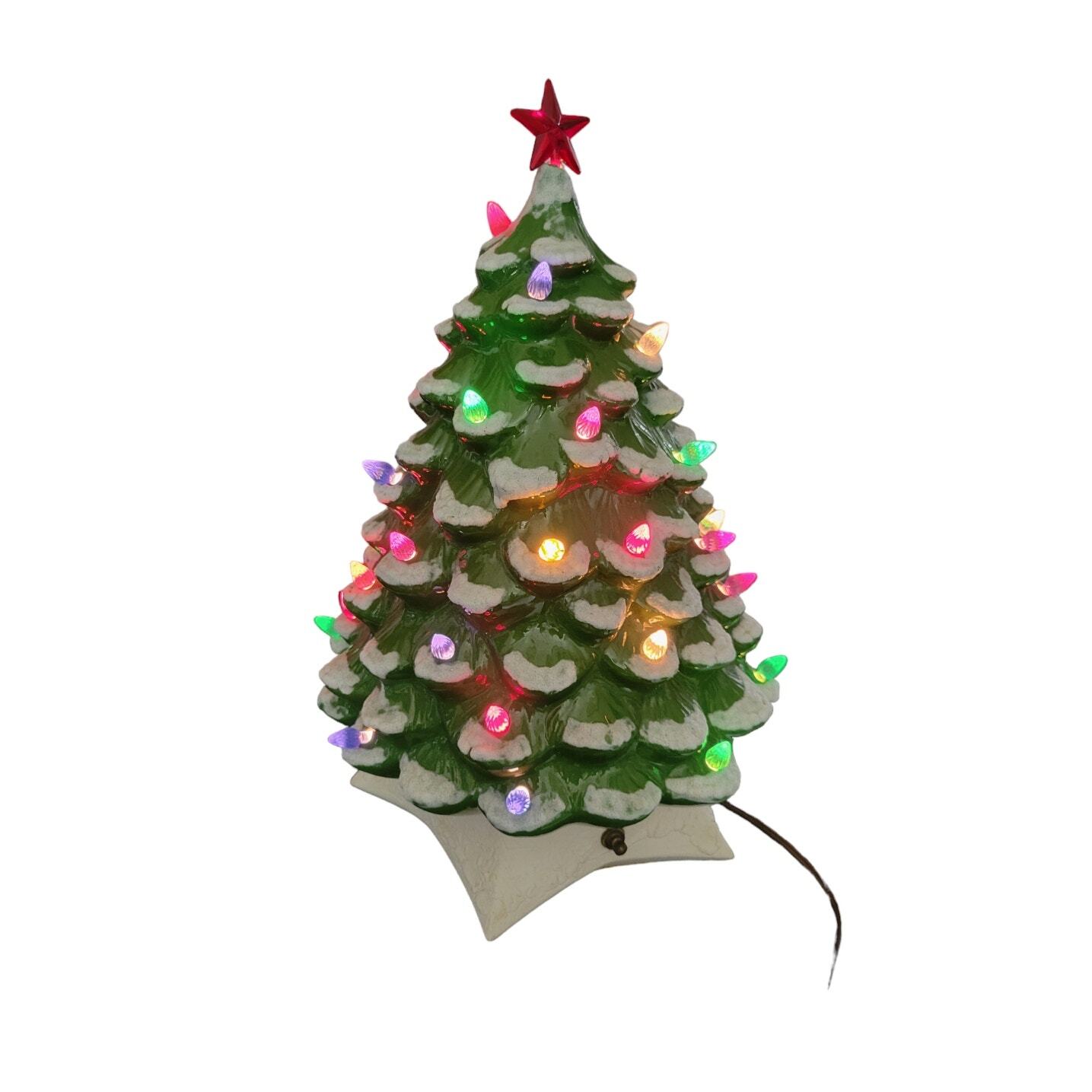 Vintage Holland Mold Flocked Ceramic Christmas Tree with Lights Star Base Large