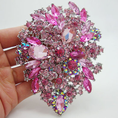 Fashion Style 3.94'' Flower Drop Brooch Pin pendant Pink Rhinestone Crystal