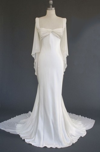 Mermaid Wedding Dresses with Bow Long Sleeve Chiffon Vintage Elegant Bridal Gown - Picture 3 of 11