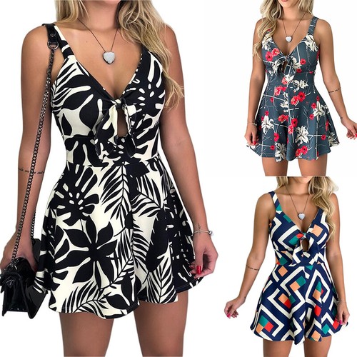 Women Holiday Summer Beach Mini Jumpsuit Romper Ladies Shorts Playsuit Dress NEW - Afbeelding 1 van 15