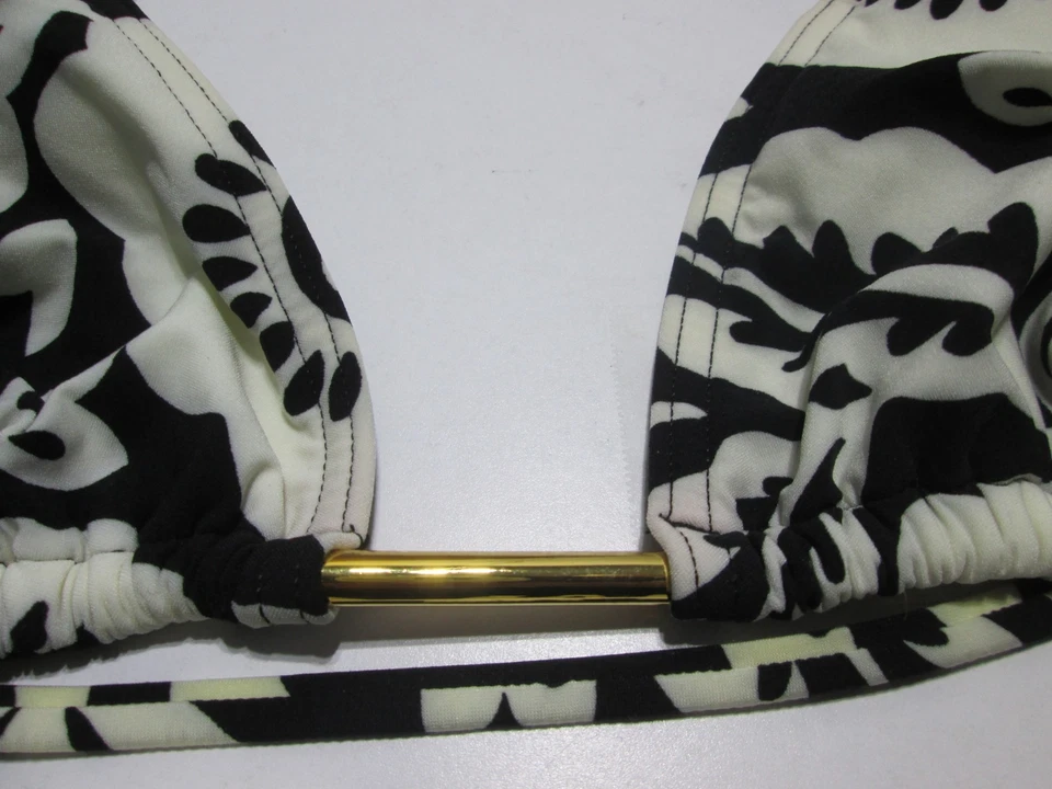 Top de bikini Michael Kors para mujer talla 4 negro/blanco triángulo sin forro halter floral Foto 3 de 4