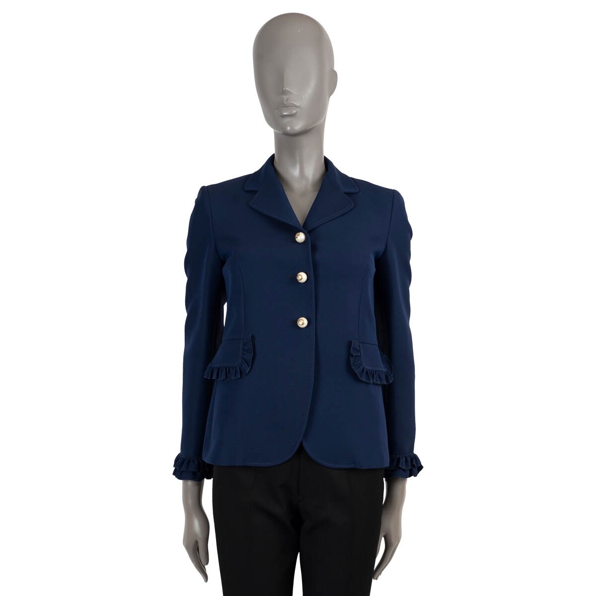 Gucciジャケット 69656 auth GUCCI navy blue 2016 PEARL BUTTON RUFFLED CREPE Blazer