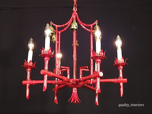 Antique Faux Bamboo Pagoda Hollywood Regency 6 Light Chandelier With Brass Bells - Picture 20 of 24