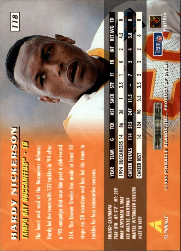 1995 Pinnacle #118 Hardy Nickerson - NM - Image 2 of 2