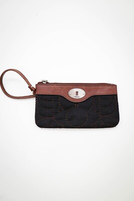 Fossil Key-Per Wristlet Wallet Clutch Womens Black Quilted Nylon & Leather Trim