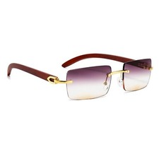 Rectangle Burgundy Gradient Tint Rimless Gold Frame Retro Woodgrain Sunglasses