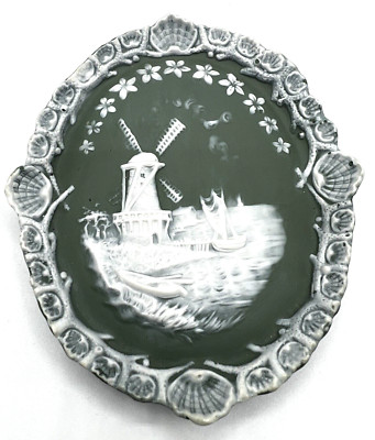 Schafer & Vater Green Jasperware Oval Wall Plaque With Windmill & Boat Scene