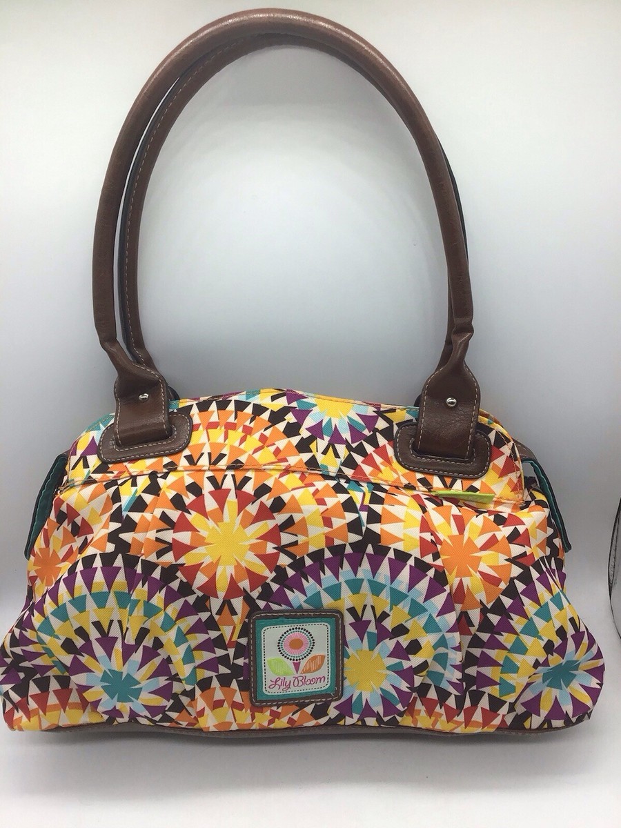 Lily Bloom Purse Tote Shoulder Handbag Floral Plaid Brown Handles