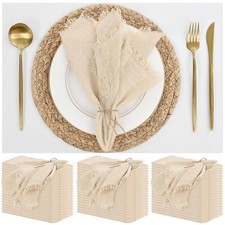 ABKLESACH 60 PK Beige Cotton Linen Napkins 16x16" Cloth Fringe Dinner Towels