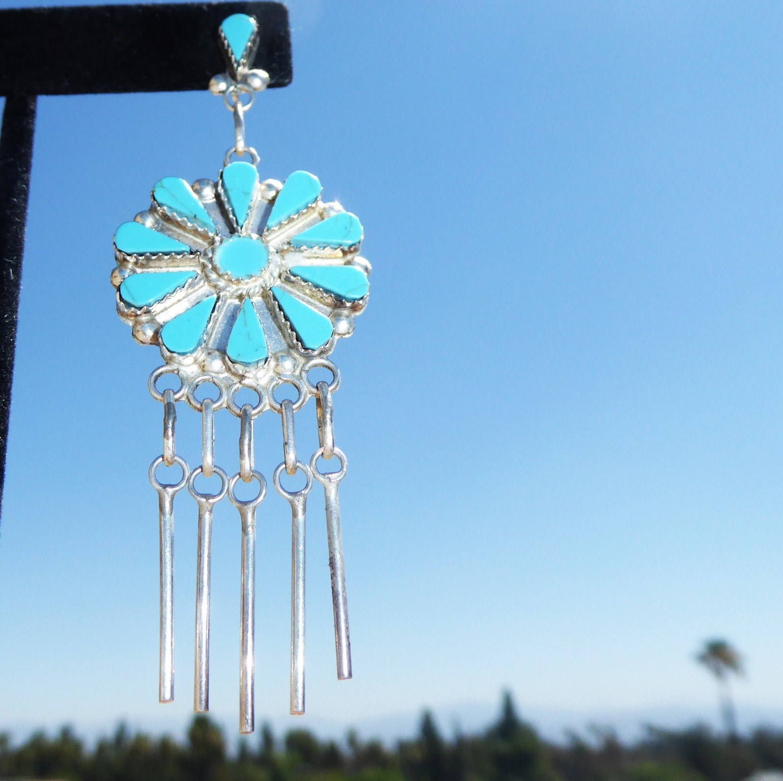 Native American Sterling Silver Blue Turquoise Zuni Signed Dangle Earrings