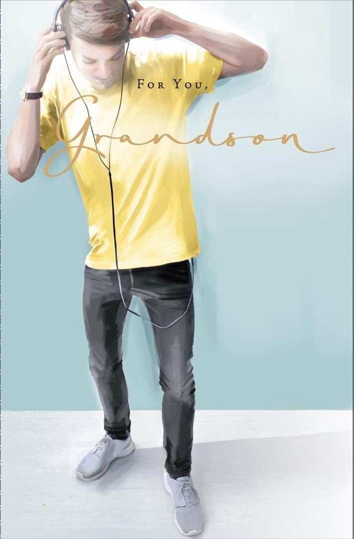 Grandson Happy Birthday Card - Stylish Young Man Headphones Watercolour Contempo
