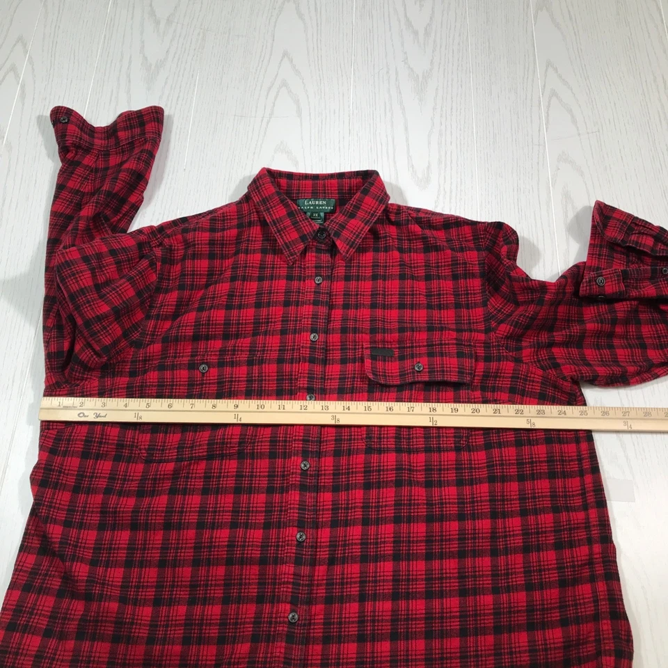 Camisa de franela Lauren Ralph Lauren para mujer 2X bolsillos rojos a cuadros talla grande algodón Foto 3 de 4