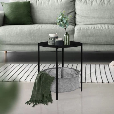 Table d'appoint noir avec panier de rangement gris bout de canapé métal Ø43x51cm - Photo 1/4